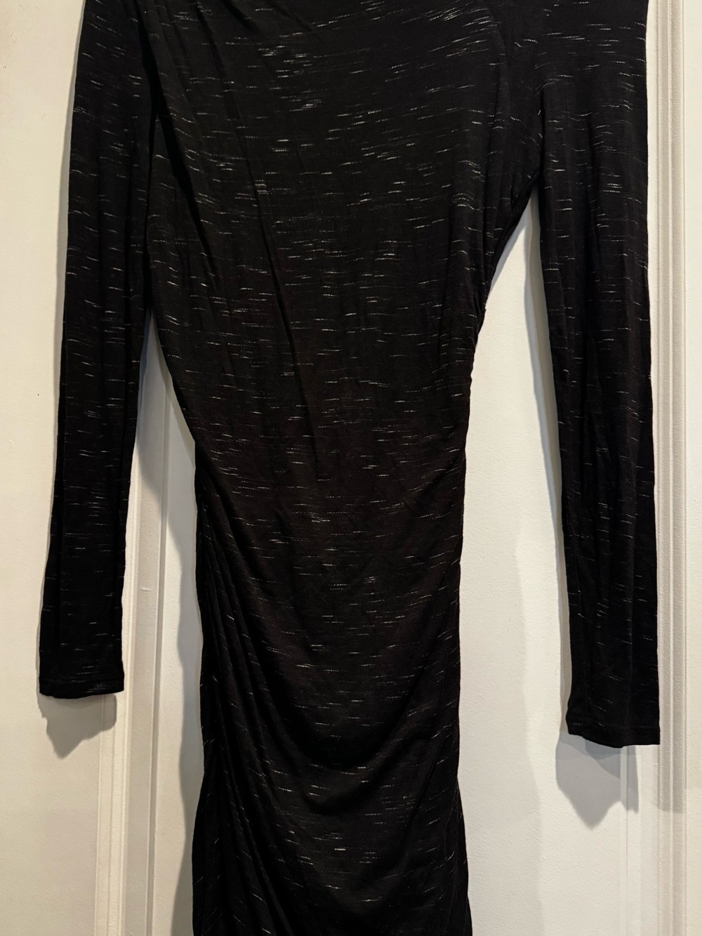 H&M XS Black Ruched Bodycon Dress Asymmetrical Neck Shoulder Pads